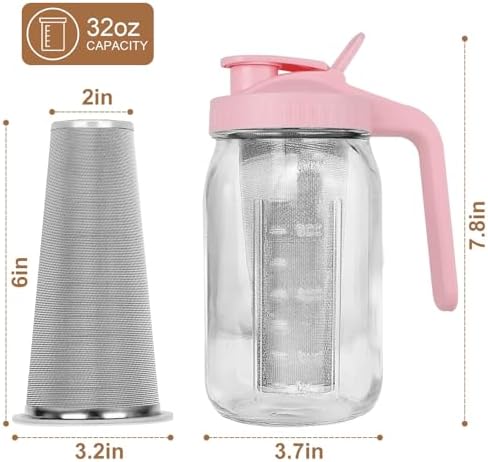Cold Brew Coffee Maker, 32 oz Mason Jar Pitcher with Stainless Steel Filter, Pour Spout Handle Lid, Heavy Duty, alternate