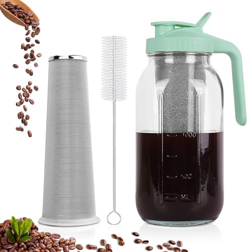 Cold Brew Coffee Maker, 64 oz Mason Jar Pitcher with Stainless Steel Filter, Pour Spout Handle Lid, Heavy Duty
