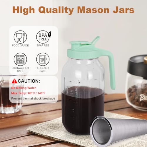 Cold Brew Coffee Maker, 64 oz Mason Jar Pitcher with Stainless Steel Filter, Pour Spout Handle Lid, Heavy Duty, alternate