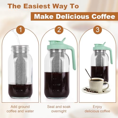 Cold Brew Coffee Maker, 64 oz Mason Jar Pitcher with Stainless Steel Filter, Pour Spout Handle Lid, Heavy Duty, alternate