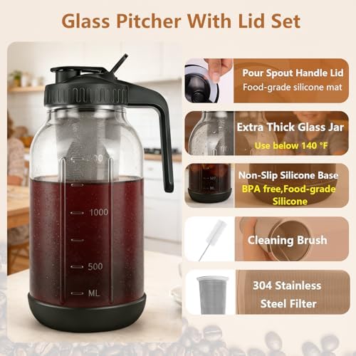 Cold Brew Coffee Maker, 64 oz Mason Jar Pitcher with Stainless Steel Filter, Pour Spout Handle Lid, Airtight &, alternate