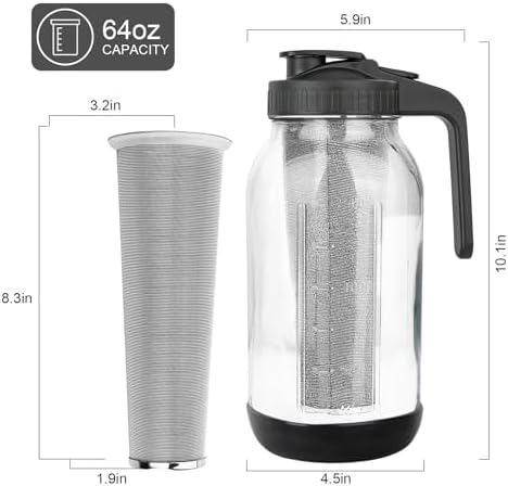 Cold Brew Coffee Maker, 64 oz Mason Jar Pitcher with Stainless Steel Filter, Pour Spout Handle Lid, Airtight &, alternate