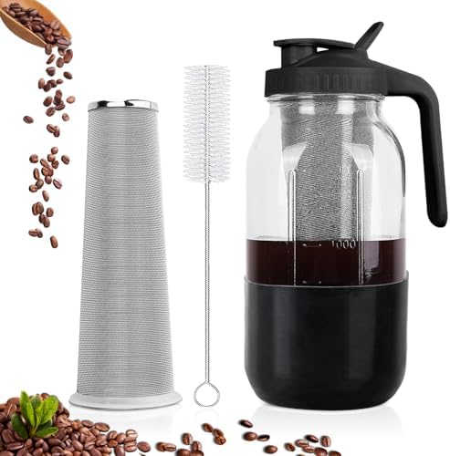 Cold Brew Coffee Maker, 64 oz Mason Jar Pitcher with Stainless Steel Filter, Pour Spout Handle Lid, Airtight &