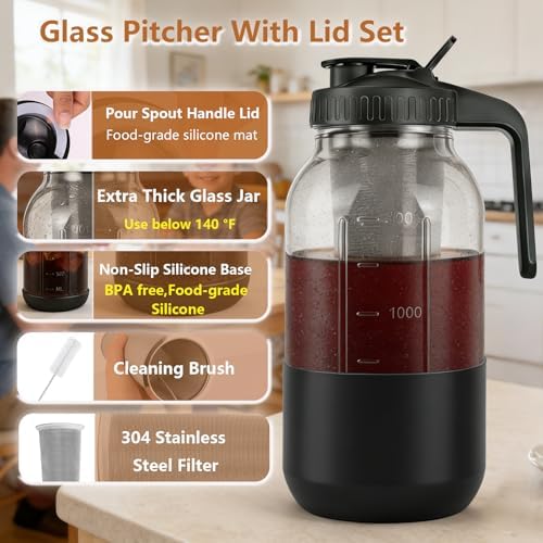 Cold Brew Coffee Maker, 64 oz Mason Jar Pitcher with Stainless Steel Filter, Pour Spout Handle Lid, Airtight &, alternate