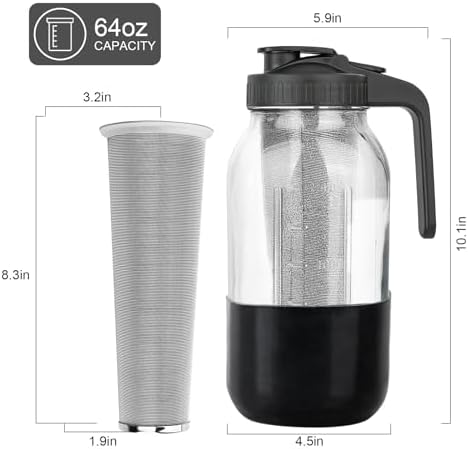 Cold Brew Coffee Maker, 64 oz Mason Jar Pitcher with Stainless Steel Filter, Pour Spout Handle Lid, Airtight &, alternate