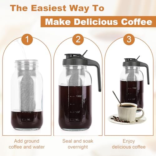 Cold Brew Coffee Maker, 64 oz Mason Jar Pitcher with Stainless Steel Filter, Pour Spout Handle Lid, Airtight &, alternate