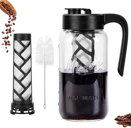 Cold Brew Coffee Maker Glass, 64 oz Mason Jar Pitcher in Black