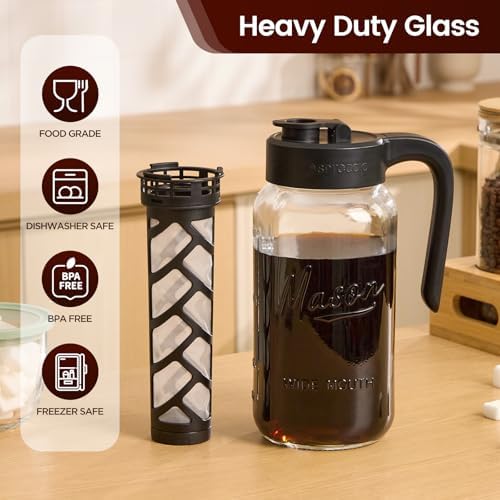 Cold Brew Coffee Maker Glass, 64 oz Mason Jar Pitcher in Black, alternate view 5
