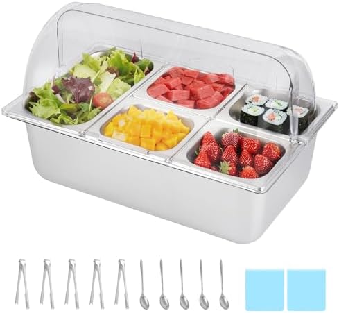 Cold Food Buffet Server 5 Pans (4 Pans×1.6Qt & 1 Pan×4QT) with Ice Packs for Salad Pizza Sauce Colded Serving