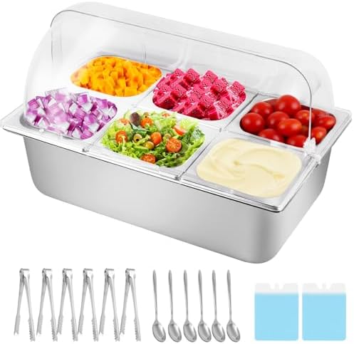 Cold Food Buffet Server 9.6Qt (6 Pans×1.6Qt) with Ice Packs for Salad Pizza Sauce Colded Serving Trays