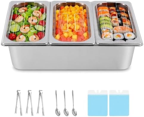 Cold Food Buffet Serving Trays 3 Pan×4QT with Ice Packs for Salad Bar Station Sauce Cooled Condiment Container