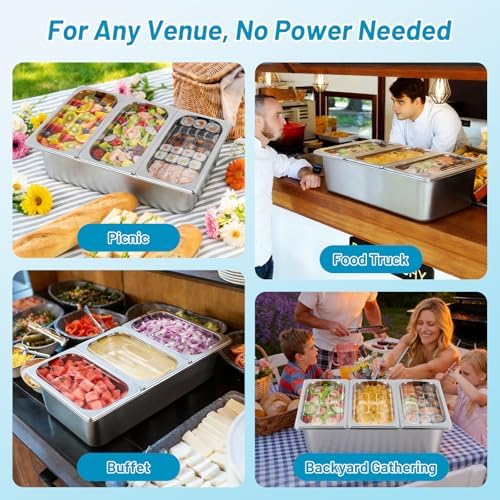 Cold Food Buffet Serving Trays 3 Pan×4QT with Ice Packs for Salad Bar Station Sauce Cooled Condiment Container, alternate
