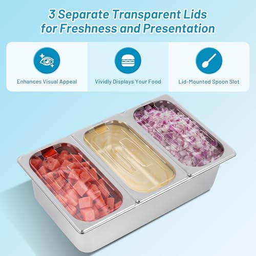 Cold Food Buffet Serving Trays 3 Pan×4QT with Ice Packs for Salad Bar Station Sauce Cooled Condiment Container, alternate