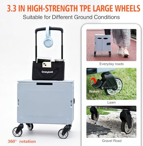 Collapsible Rolling Crate, Folding Utility Cart with 2 Lockable 360° Swivel Wheels & Lid, Portable Shopping, alternate view 3