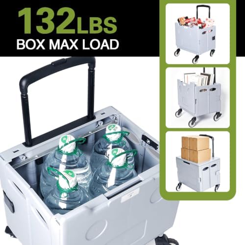 Collapsible Rolling Crate, Folding Utility Cart with 2 Lockable 360° Swivel Wheels & Lid, Portable Shopping, alternate view 4