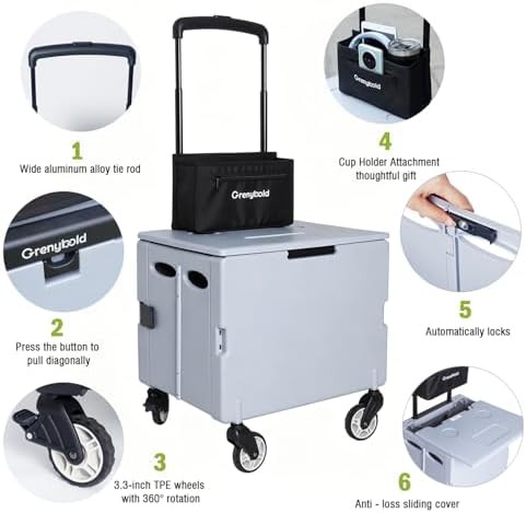 Collapsible Rolling Crate, Folding Utility Cart with 2 Lockable 360° Swivel Wheels & Lid, Portable Shopping, alternate view 6