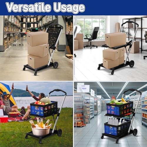 Collapsible Shopping Cart with 2 Bins Grocery Cart on Wheels Multi Use Two Tier Folding Cart for Farmers Market, alternate