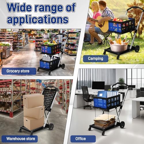 Collapsible Shopping Cart with 2 Bins Grocery Cart on Wheels Multi Use Two Tier Folding Cart for Farmers Market, alternate