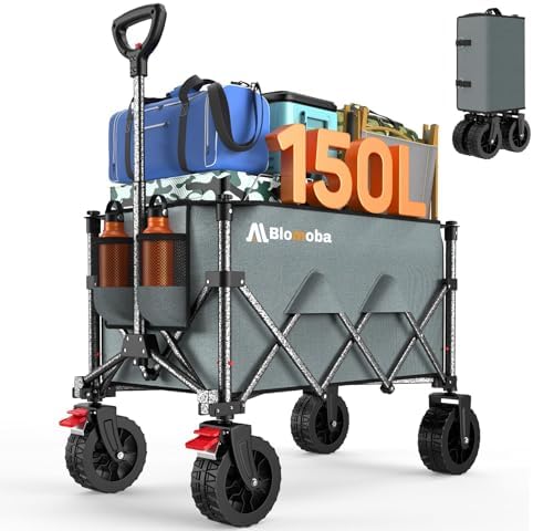 Collapsible Wagon Cart, 150L Foldable Wagon with Wide Wheels, Grey in Grey