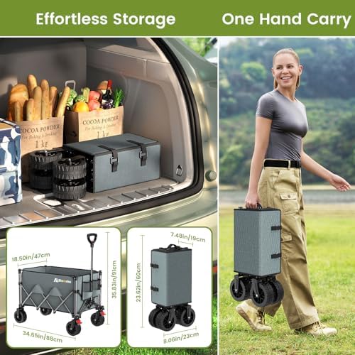 Collapsible Wagon Cart, 150L Foldable Wagon with Wide Wheels, Grey in Grey, alternate view 3