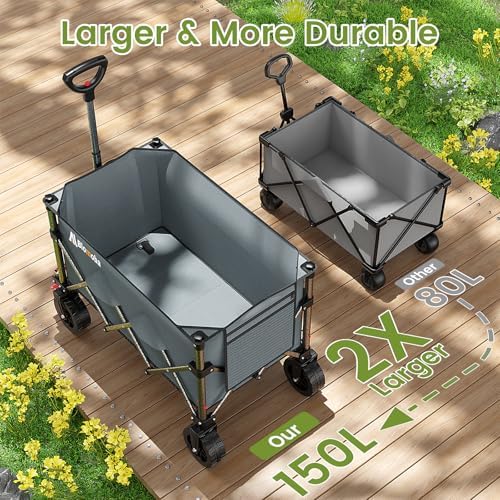 Collapsible Wagon Cart, 150L Foldable Wagon with Wide Wheels, Grey in Grey, alternate view 5