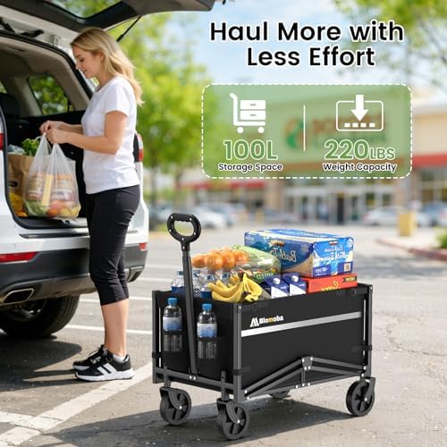 Collapsible Wagon Cart, 220LBS Utility Wagon with Wheels, Black in Black, alternate view 3