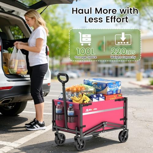 Collapsible Wagon Cart, 220LBS Utility Wagon with Wheels, Pink in Pink, alternate view 3