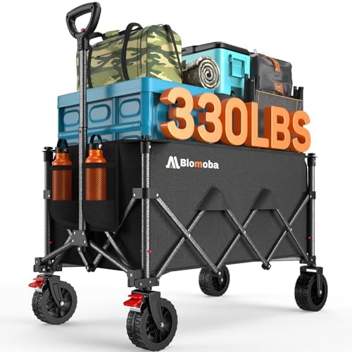 Collapsible Wagon Cart with Wheels, 330lbs Heavy Duty Wagon, Black in Black