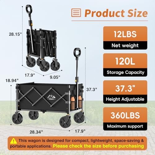 Collapsible Wagon Cart with Wheels Foldable, 360LBS Large Capacity Portable Folding Utility Heavy Duty Beach, alternate view