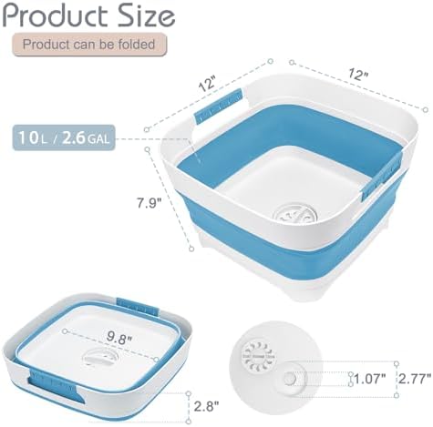 Collapsible Wash Basin with Drain Plug, 9L Dish Tub, Blue in Blue, alternate view 2