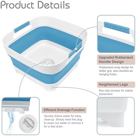 Collapsible Wash Basin with Drain Plug, 9L Dish Tub, Blue in Blue, alternate view 3