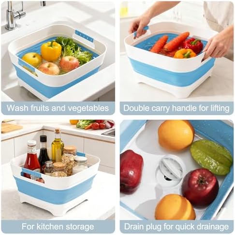 Collapsible Wash Basin with Drain Plug, 9L Dish Tub, Blue in Blue, alternate view 5