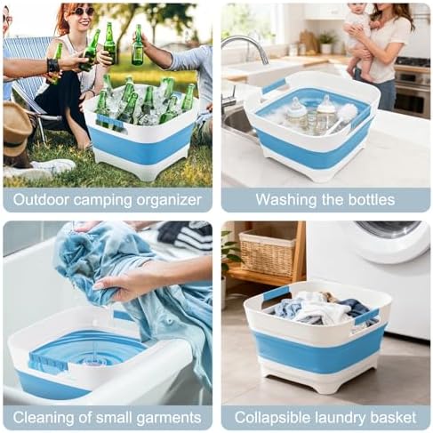 Collapsible Wash Basin with Drain Plug, 9L Dish Tub, Blue in Blue, alternate view 6