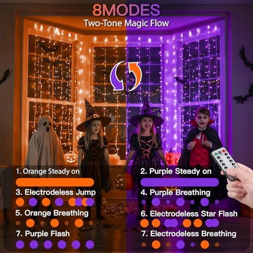 Color Changing Curtain Lights for Halloween, 200 LED 6.5ft x 6.5ft Hanging String Lights with USB, Curtain Fairy, alternate