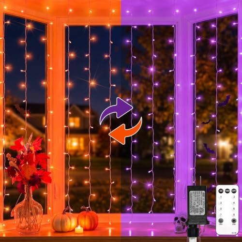 Color Changing Curtain Lights for Halloween, 300 LED 9.8ft x 9.8ft Hanging String Lights with USB, Curtain Fairy