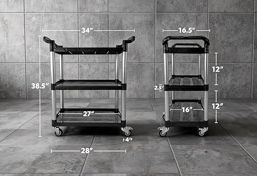 Commercial 3-Shelf Rolling Service Utility Cart | Capacity 390 lbs. | 37" x 34" x 16" | Black, alternate view 2