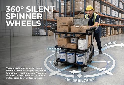 Commercial 3-Shelf Rolling Service Utility Cart | Capacity 390 lbs. | 37" x 34" x 16" | Black, alternate view 3