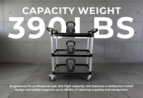 Commercial 3-Shelf Rolling Service Utility Cart | Capacity 390 lbs. | 37" x 34" x 16" | Black, alternate view 4