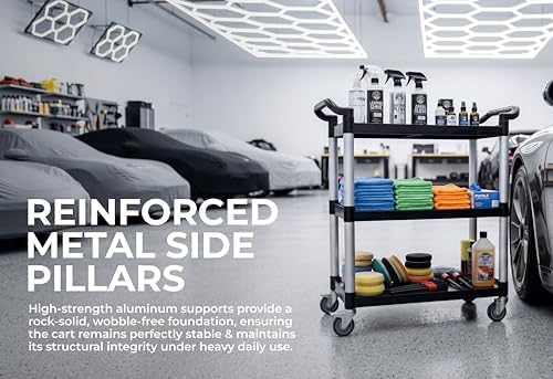 Commercial 3-Shelf Rolling Service Utility Cart | Capacity 390 lbs. | 37" x 34" x 16" | Black, alternate view 6
