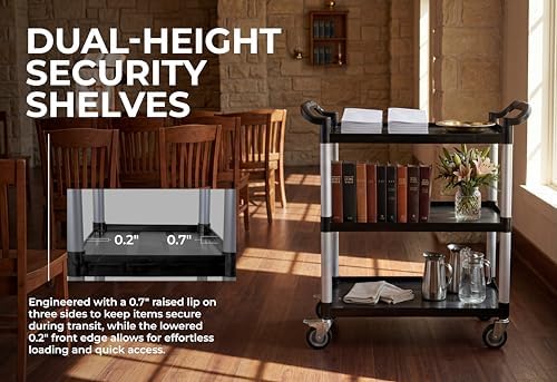 Commercial 3-Shelf Rolling Service Utility Cart | Capacity 390 lbs. | 37" x 34" x 16" | Black, alternate view 7