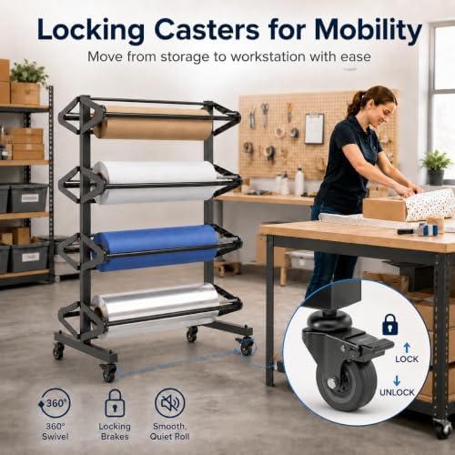 Commercial 8-Roll Paper Roll Dispenser Rack with Cutter with Locking Caster, alternate view 5