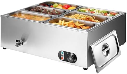 Commercial Food Warmer 48 Qt Stainless Steel Steam Table Countertop Buffet Warmer, 6-Pan 1500W Electric Bain