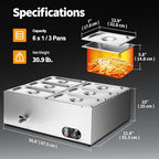 Commercial Food Warmer 48 Qt Stainless Steel Steam Table Countertop Buffet Warmer, 6-Pan 1500W Electric Bain, alternate view