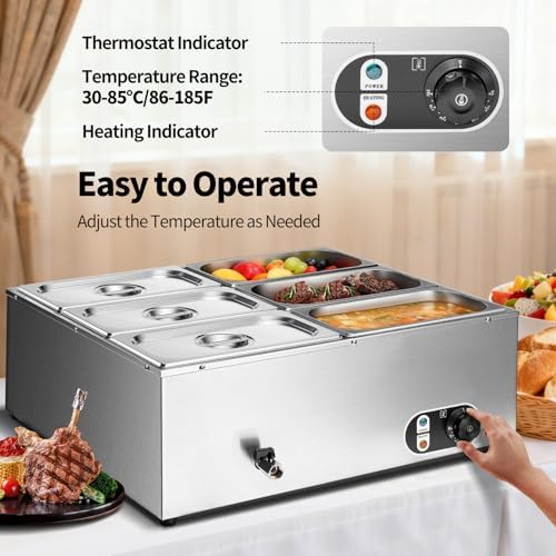 Commercial Food Warmer 48 Qt Stainless Steel Steam Table Countertop Buffet Warmer, 6-Pan 1500W Electric Bain, alternate view