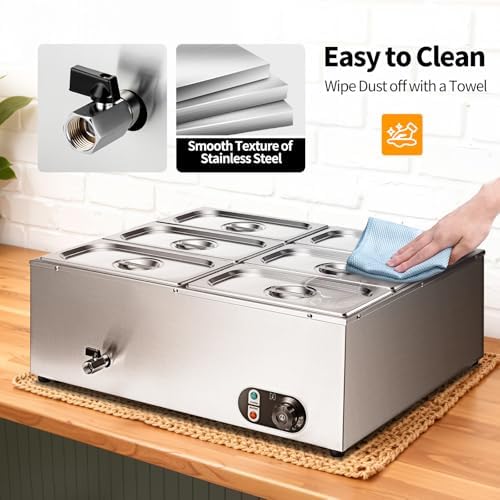 Commercial Food Warmer 48 Qt Stainless Steel Steam Table Countertop Buffet Warmer, 6-Pan 1500W Electric Bain, alternate view