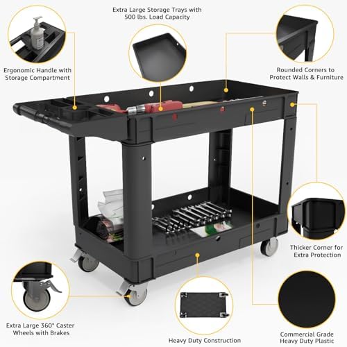 Commercial Grade 2 Shelf Utility Cart with Wheels - Rolling Tool Trolley, Heavy Duty Service Push Cart for, alternate view 4