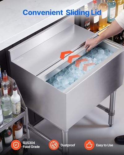 Commercial Ice Bin,19 Inch Stainless Steel Ice Chest with Sliding Lid and Bottle Holders, Cooler Cart Cocktail, alternate