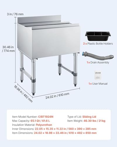 Commercial Ice Bin,19 Inch Stainless Steel Ice Chest with Sliding Lid and Bottle Holders, Cooler Cart Cocktail, alternate