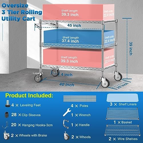 Commercial Rolling Utility Cart,45In Large Kitchen Carts with Wheels, alternate view 2