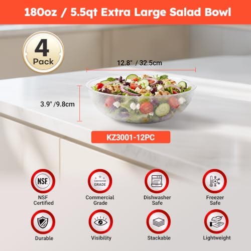 Commercial Salad Bowl, 180oz / 5.5 Qt, 12.8", 4 Pack, Dishwasher Safe in 180 oz in Clear, alternate view 2
